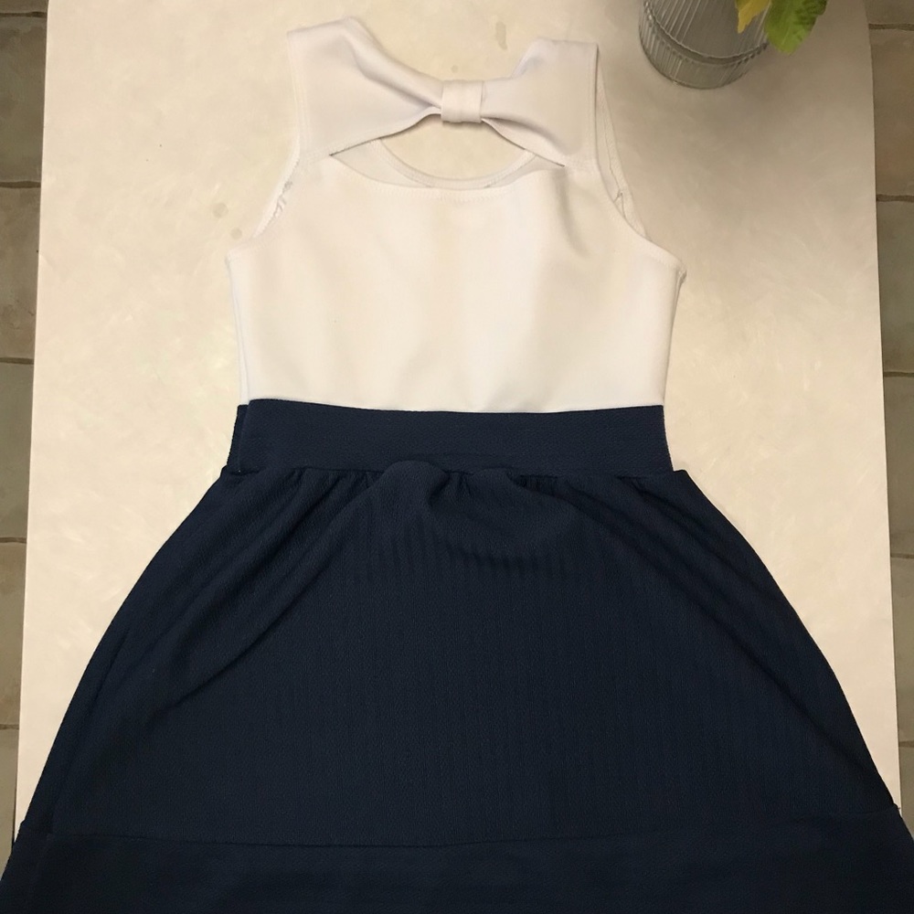 Kids navy blue and white dress with bow